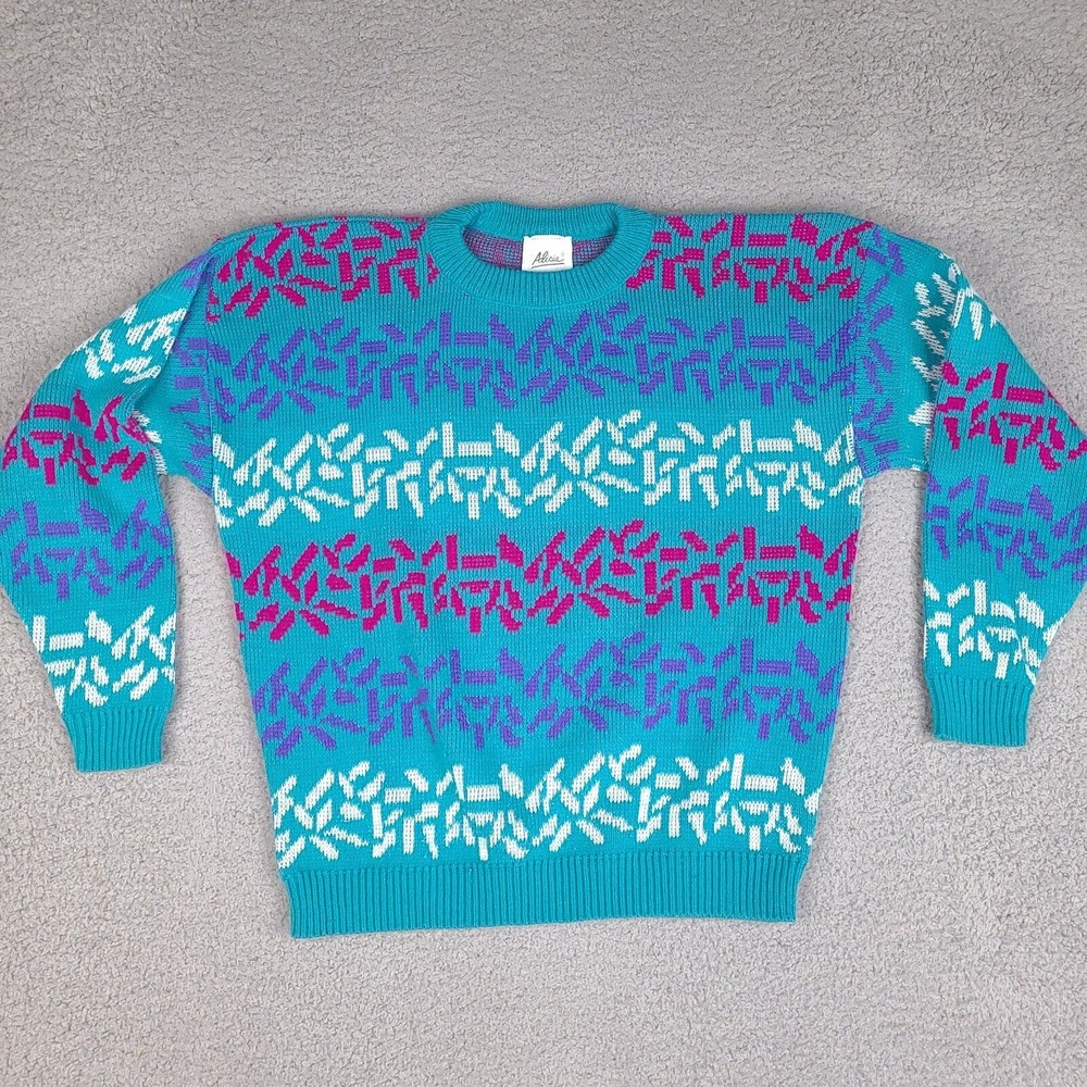 Vintage Alicia Sweater Womens Large Aqua Blue Knit Long Sleeve Crew‎ Neck USA